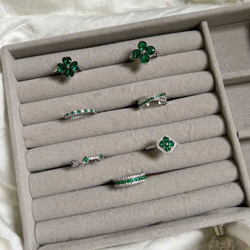 Wholesale S925 Sterling Silver Green Four-leaf Clover Zircon Inlaid Ring